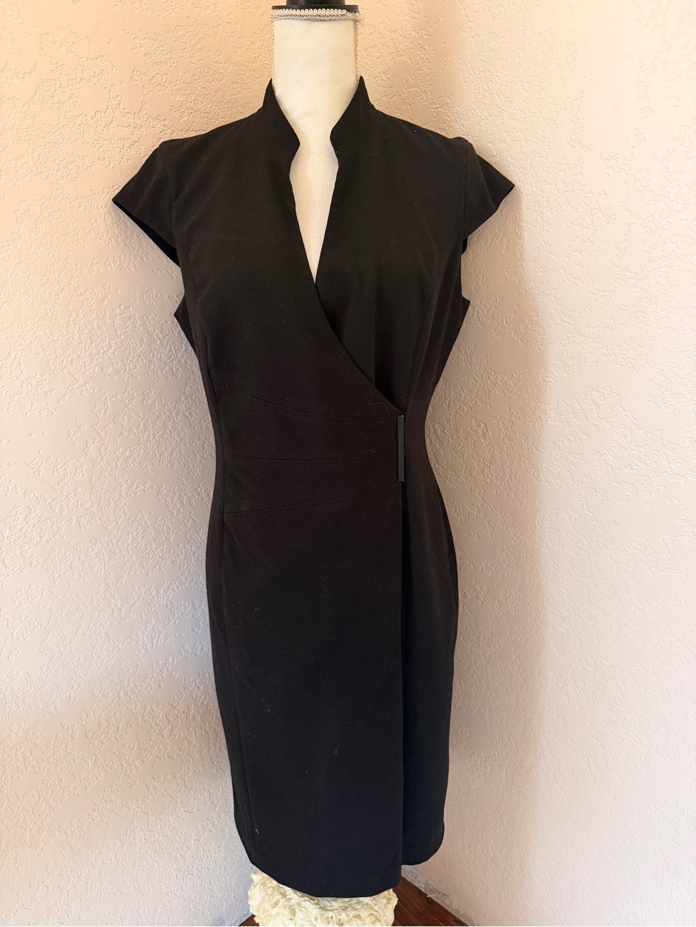 Calvin Klein Black Cap-Sleeve Faux-Wrap Midi Dress